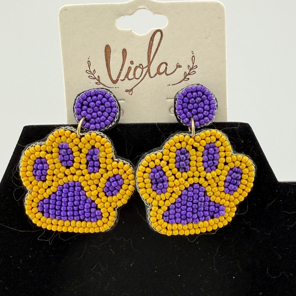 NWOT Purple and Gold Paw print Seed Bead Earrings
